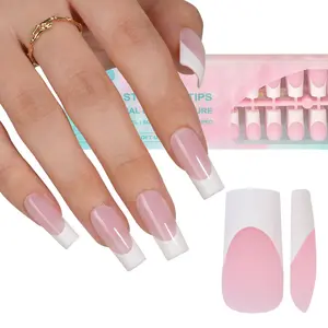 French Gel Nail Tips, 240Pcs French Tip Press on Nails Long Square Pink, No Need to File Tips Pre-lasting, Fake Nails for Nail Art DIY 15 Sizes
