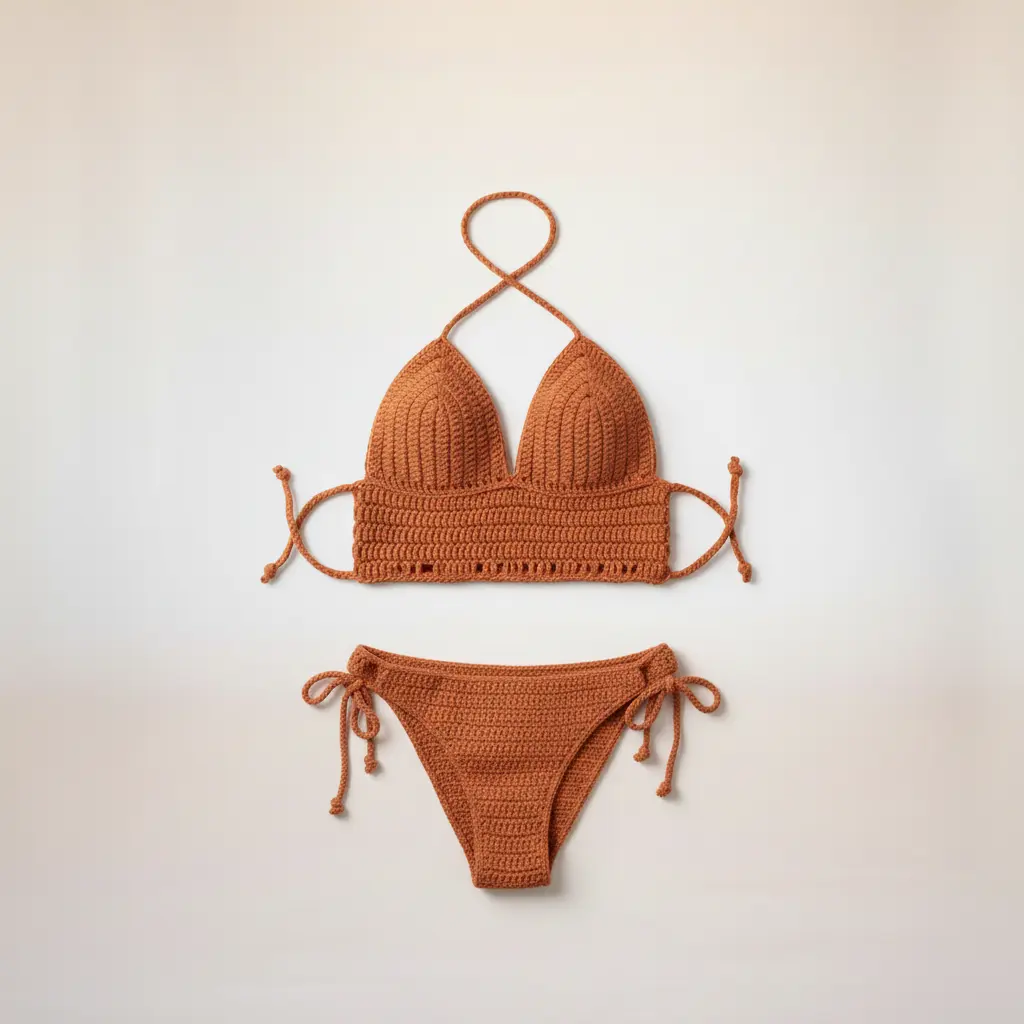 Terra Cotta Cotton Crochet Bikini Set - Handmade Halter Top & Bottom