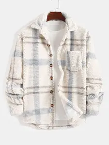 Men's Casual Fall & Winter Coat, Comfortable Knit Gingham Plaid Shirt Jacket with Buttons, Long Fitted Sleeves, Christmas Gift