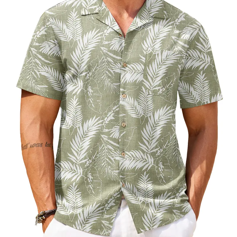 COOFANDY B Men's Cotton Linen Tropical Holiday Beach Shirt Classic Floral Menswear Top Overall Collar Casual Shortsleeve