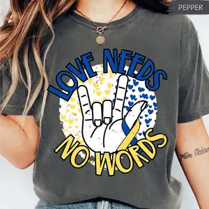 Comfort Colors Love Needs No Words Down Syndrome Awareness Support 3 21 Day Shirt, Retro Ribbon Blue Yellow Down Syndrome Mama Inspirational Graphic Tee