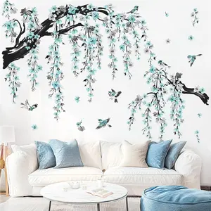 Large Watercolor Flower Branch Wall Stickers Blue Blossom Tree Branches Peel and Stick Wall Art Decals for Living Room Bedroom TV Wall