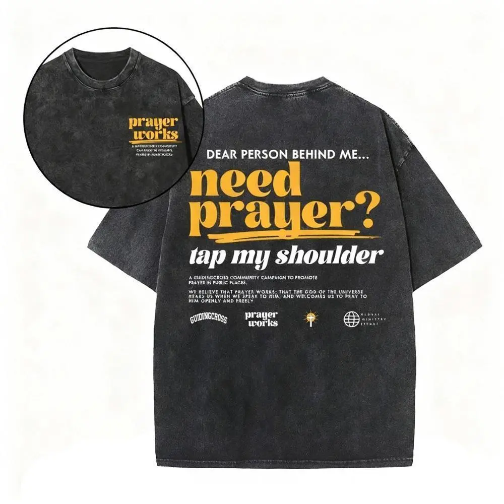 Women's Christian 100% Cotton Oversize Acid Washed Short-Sleeve Round Neck T-Shirt - Double Print, Guiding Cross, "Need Prayer Tap My Shoulder" Faith Quote Casual Streetwear Top, Basic