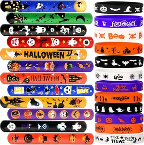 48Pcs Halloween Party Favors Decorations Slap Bracelets Rubber Wristbands, Trick or Treat Party Favors, Classroom Prizes, Halloween Party Gift Treat Bag Filler Supply Hand Masks