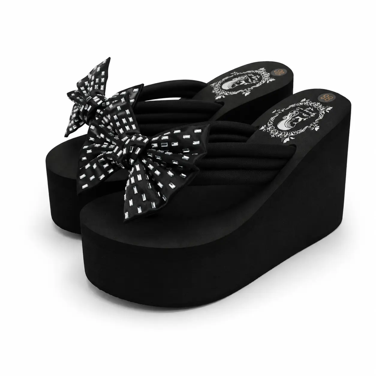 Women’s 4.33 Inch Platform Wedge Flip Flop Sandals, Black Thick Sole Beach Slides with Non Adjustable Black Square Rhinestone Bow, Comfortable Open Toe Vacation Sandals for Summer, Resort, Casual Walking, Shopping