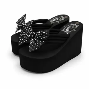 Women’s 4.33 Inch Platform Wedge Flip Flop Sandals, Black Thick Sole Beach Slides with Non Adjustable Black Square Rhinestone Bow, Comfortable Open Toe Vacation Sandals for Summer, Resort, Casual Walking, Shopping