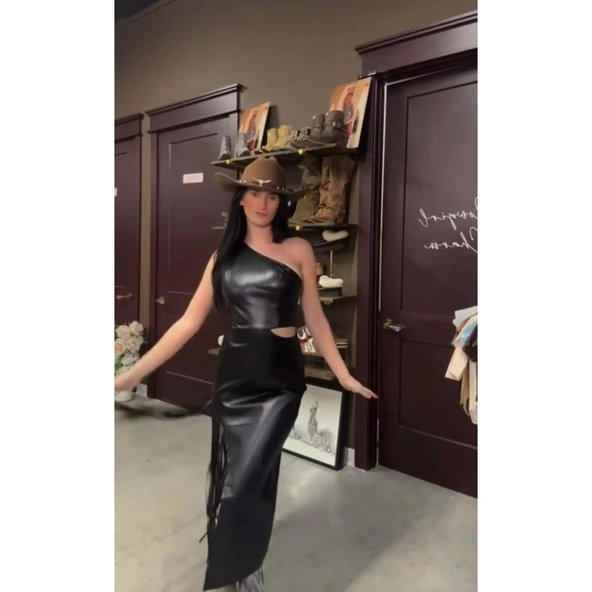 Women's Fitted Western Sleeveless Maxi Dress - Soft Stretch Material, Waist Cutout, Side Fringe, Asymmetric Slit, High-Fashion Cowgirl Vibes, Edgy Formal Outfit for Music Festivals, Rodeo Events