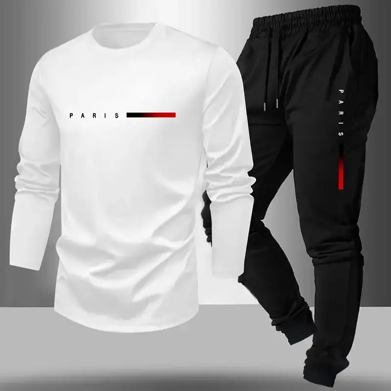 Men's Paris Letter Graphic Tracksuit 2 Piece Set, Crew Neck Long Sleeve T-Shirt & Cuffed Jogger Pants Casual Streetwear Outfit