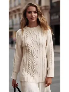 Casual Twist Sweater Mini Cable Knit with Ruffled Hem for Women's Fashion Long Sleeve Chic Cozy & Feminine Knitwear in Navy Blue