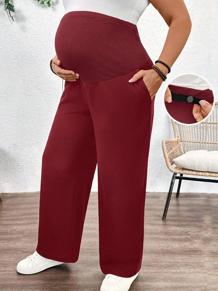 Plus-Size Casual Burgundy Maternity Pants For Pregnant Women,Autumn Loose Wide Leg Trousers With Adjustable Waist And Pockets,Solid Color Pregnancy