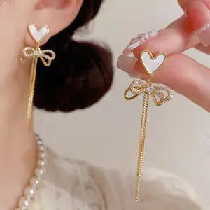 Exquisite, fashionable, versatile shell heart-shaped bow tassel earrings DDES0796, elegant and luxurious, long style, slimming earrings for women, 14K Gold-Plated