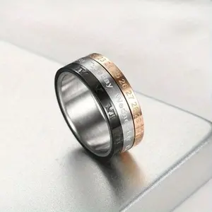 Creative Tri Color Matching Roman Numeral Rotating Ring Stainless Steel Wear-resistant Colorfast Fashionable Versatile for Banquets Parties