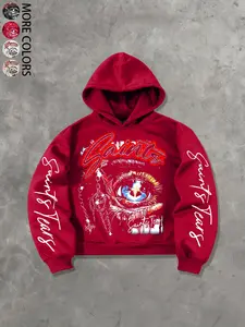 Unisex style, urban-inspired hooded sweatshirt, Graphic Print Hoodie featuring the “Saints Tears” eye motif print. Dark, Y2K-inspired urban top for daily wear, activities, sports, hip-hop, urban settings, and performances in autumn winter.