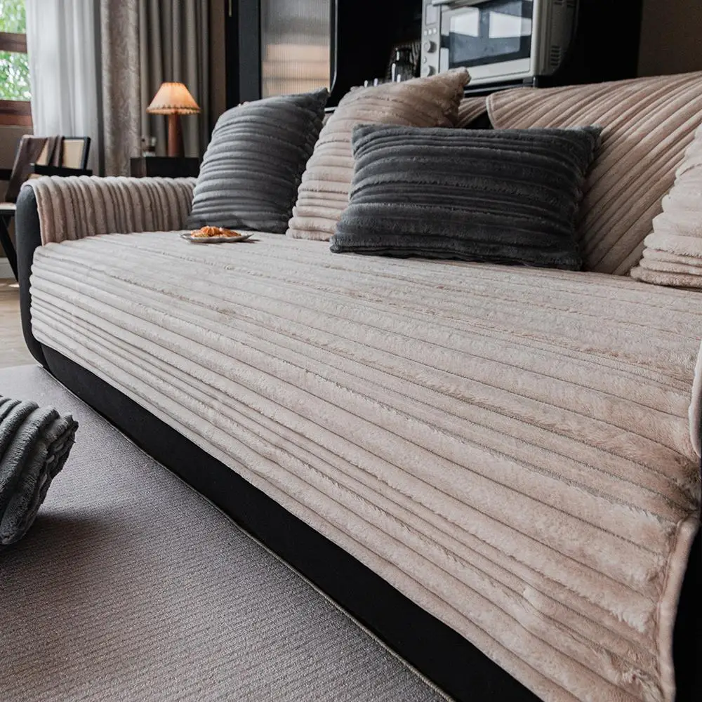 Solid Color Irregular Striped Sofa Cover, 1 Count Non-slip Sofa Slipcover, Soft Comfortable Sofa Protector for Home Living Room Hotel Dormitory