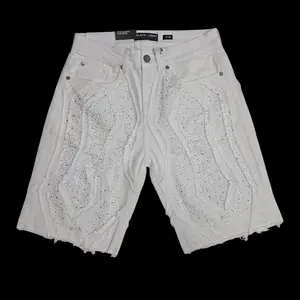 BLACK LIGHT MEN'S DENIM SHORTS RHINESTONES BL-26542 WHITE