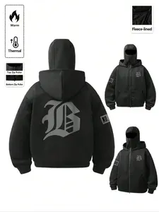 Thermal Fleece-Lined Balaclava Full Zip Up Hoodie for Men - Casual Hooded Jacket - Techwear Shiesty Mask Sweatshirt with Double Zippers - Heavyweight Gothic Letter Graphic Jacket for Winter Outdoor & Motorcycling