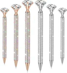 6 Pcs Big Diamond Pens with Crystal Bling Rhinestone Metal Glitter Diamond Ballpoint Black Ink Pens Wedding Bridal Shower Favors for Birthday Gift Supplies(Silver+Rose Gold,Silver)