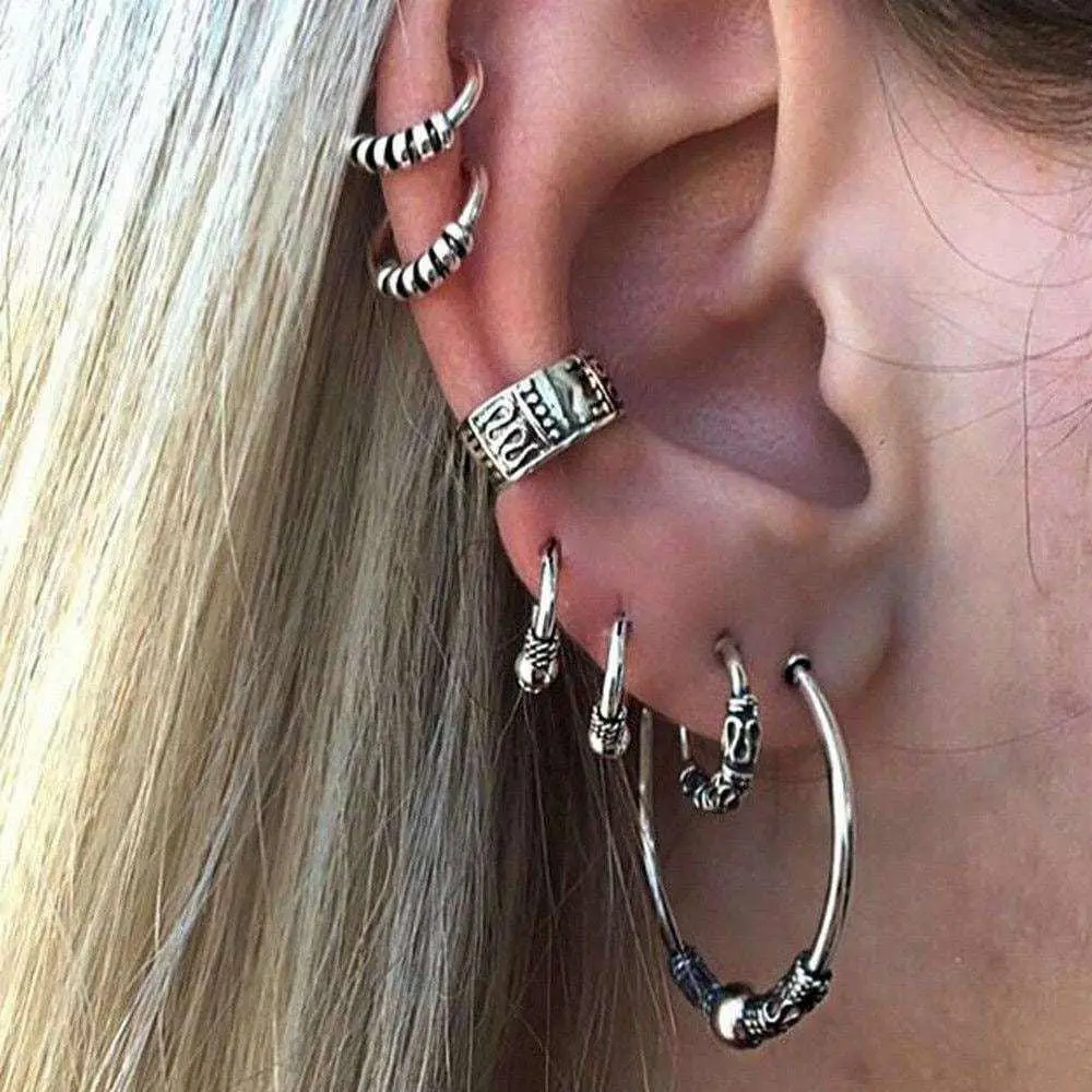 Bohemian Retro Style Silver Ear Clip Stud Hoop Earring Set, Earrings Jewelry, 3 Mini Pierced Hoops, 1 Larger Pierced Hoop