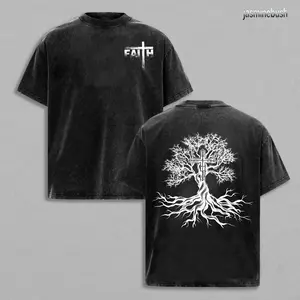 Vintage Washed Black Christian Tee: Tree of Faith, Cross - Spiritual Streetwear