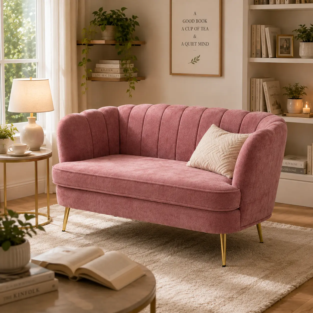 57" Modern Chenille Loveseat Sofa, Channel Tufted Scalloped Small Couch with Gold Metal Legs, Upholstered Comfy 2-Seater Settee for Living Room, Bedroom, Apartment,