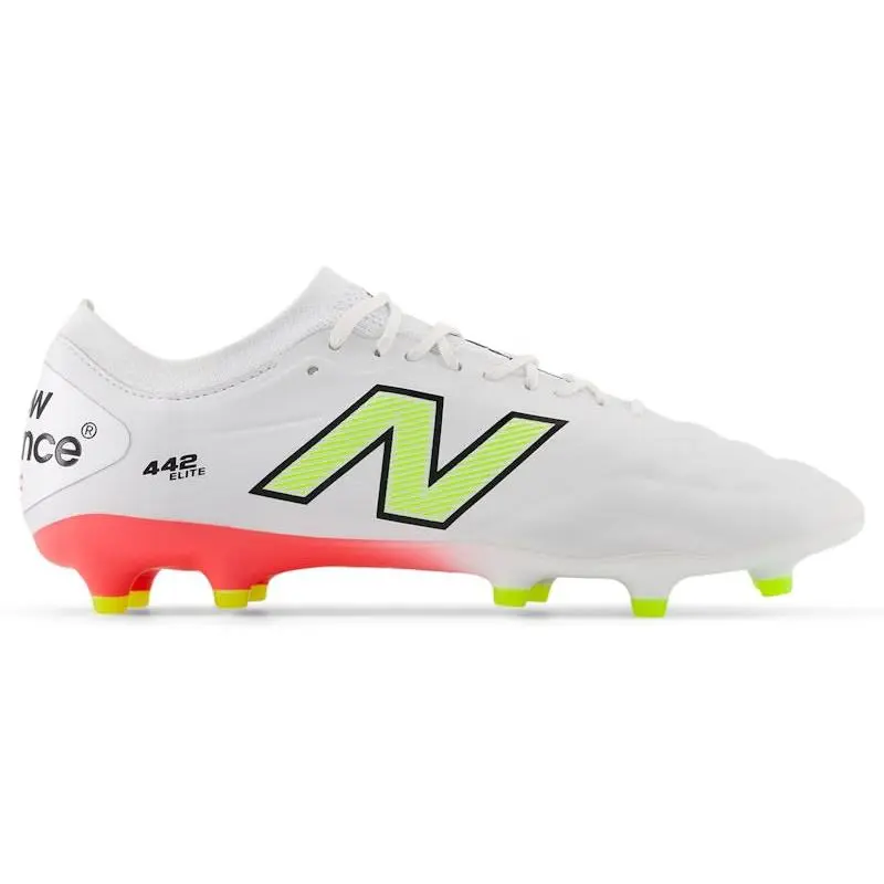 New Balance 442 Elite FG V2 White Energy Red Hi-Lite Firm Ground Soccer Cleats Football Boots Premium Performance Shoes Lace-Up Leather Synthetic Upper TPU Outsole Natural Grass Soccer Shoes Lightweight Control Cleats Adult Unisex Football Boots