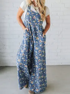 Vintage Rose Printed Pleated Loose Denim Overall Jumpsuit,  It’s Flattering and Comfortable for Seasonal Outings or Relaxed Days, Cotton.