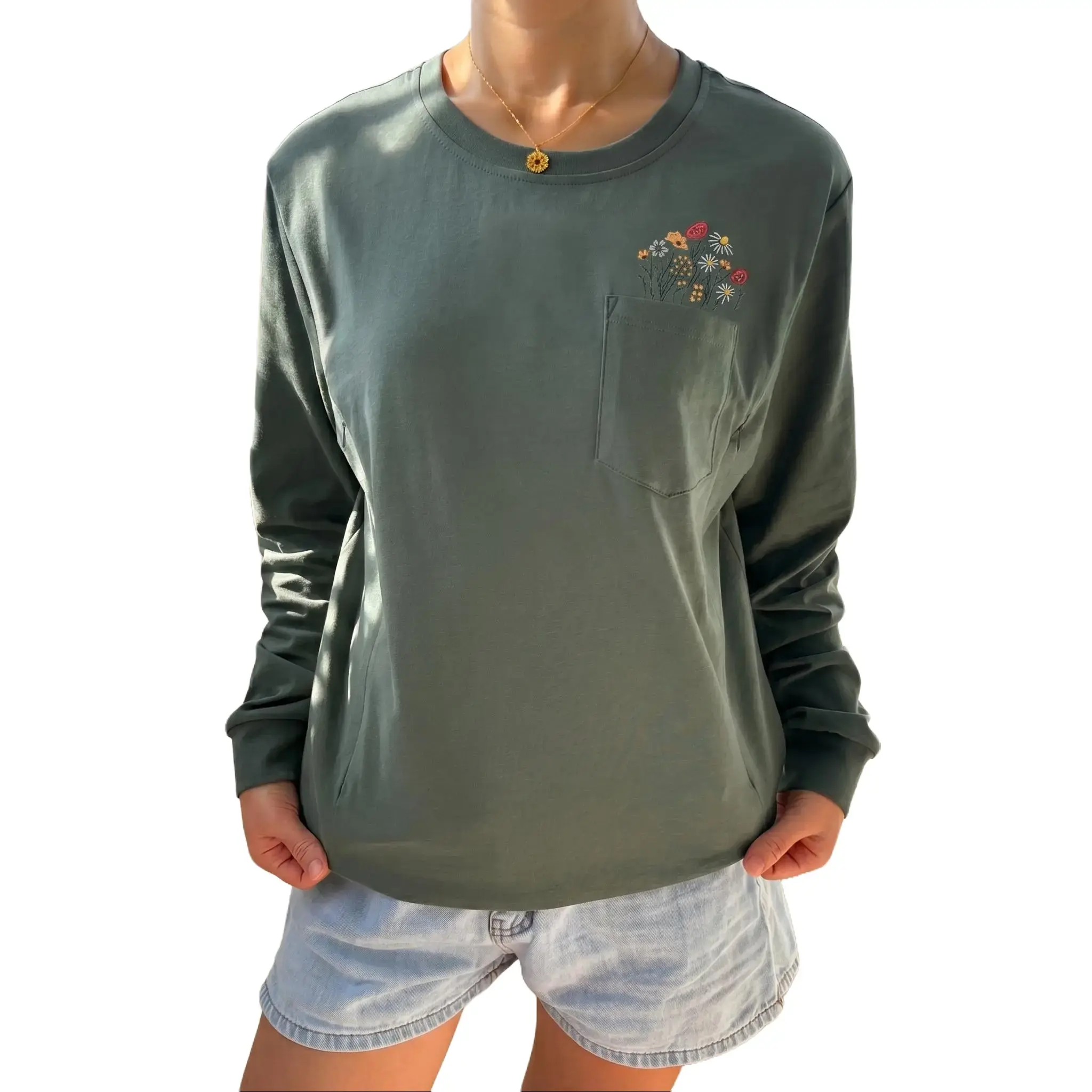 GIFTIFYMAMA Women's 100% Cotton Nursing Tee - Casual Round Neck Long Sleeve Regular Fit Top with Floral Embroidery, Hidden Zipper, Breastfeeding Clothes, Nursing Friendly, Soft, Standard Sizes, Cool Iron Reverse, Do Not Bleach
