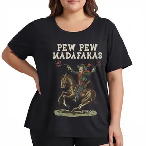 Funny Meme Shirt Women Plus Size Graphic Tee Pew Pew Madafakas Sarcastic Retro Cowboy Dark Humor Unhinged Vibe Gag Gift Boyfriend Fit Trendy Top