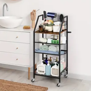 Heavy - duty Mobile Bathroom Storage Cart - 4 - tier Shelf with Locking Wheels, Space - saving Storage Rack, Stainless Steel Bathroom Trolley Suitable for Bathroom, Kitchen, Laundry Room - Modern Black Design, Wheeled Base, Bathroom Organizer
