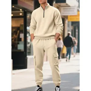 Men's Hoodie Sweatpants Set, Solid Color Half-Zip Stand Collar Pullover with Multi-Pocket Elastic Waistband, Casual Fall & Winter