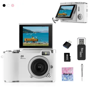 Flip-Screen CCD Style Digital Pocket Camera for Beginner Students Teenagers, Portable Selfie Compact Camera with 32G Memory Card, Card Reader, Converter Plug-in, DIY Decor Stickers and Lanyard, Perfect Gift for Back to School Season fhd