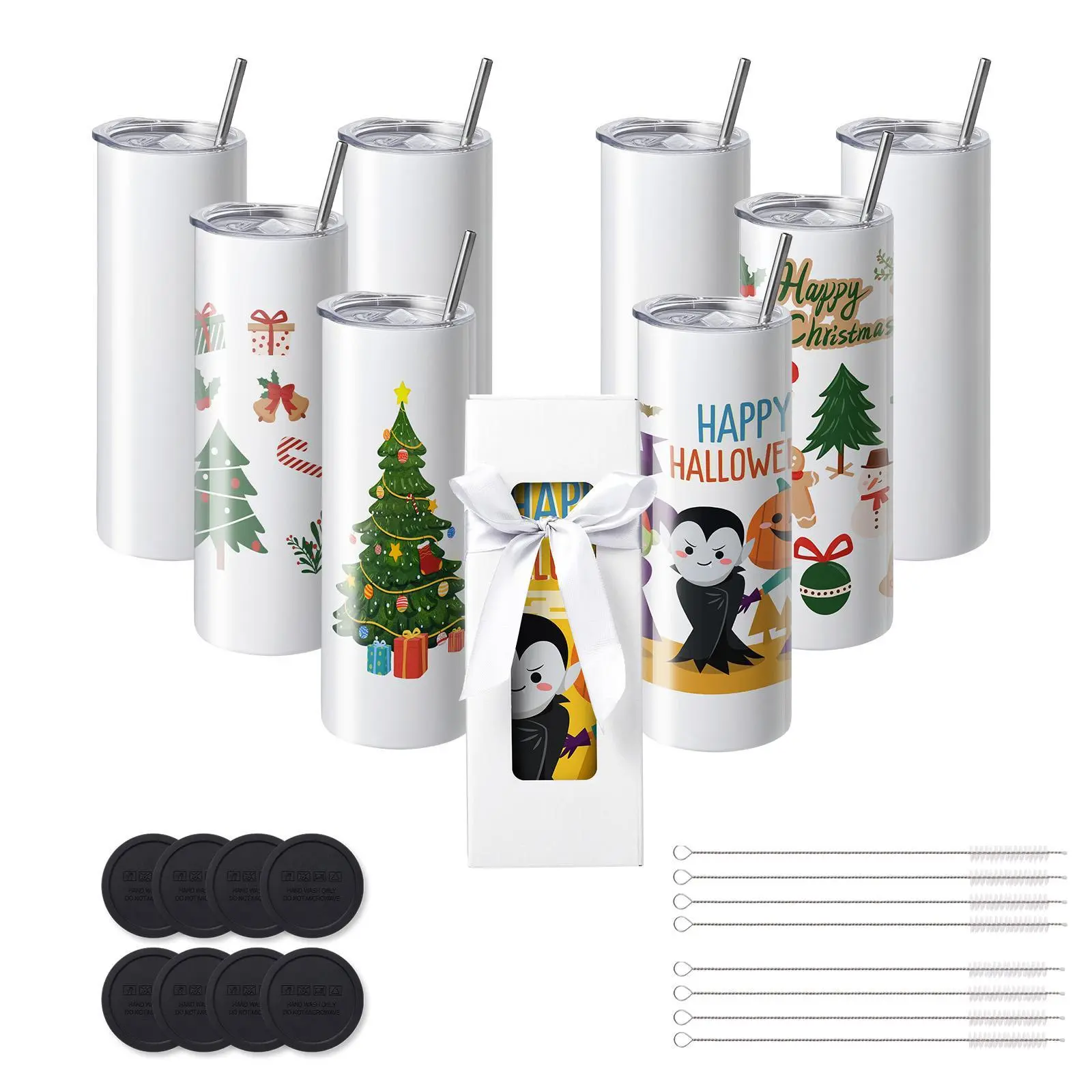 VEVOR 8-Pack 20oz Skinny Straight Sublimation Tumblers - Blank Stainless Steel Double-Wall Vacuum Flasks, Easy Sublimation Heat Transfer Kitchen Drinkware with Lid, Straw & Gift Box, Gift Ready for Loved Ones