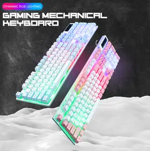 104 Gaming Keyboard Wired, laptop Keyboards with Creamy Cute Number Pad for PC, Mechanical usb c Keyboard with Tactile switch feel Floating Keycaps, Rainbow Mixed-Color Backlit Keyboard & Multimedia Keys for Gamer
