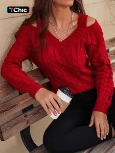 Women's Plain Cold Shoulder Cable Knit Sweater, Casual Elegant Long Sleeve Jumper for Fall & Winter, Fashion Ladies' Knitwear for Autumn Daily Wear, Classy Tops