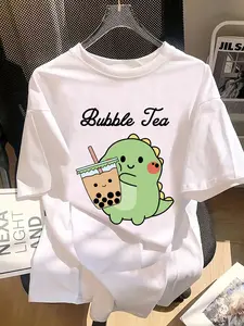 Girl's Cartoon Dinosaur & Letter Print Round Neck Tee, Funny Graphic Printed Tee, Cute Casual Short Sleeve T-shirt for Summer, Kids Clothes for Daily Wear