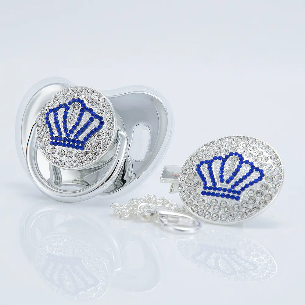 Silver Bling Baby Pacifier & Clip Set – Blue Crown Design, Crystal Rhinestones, Keepsake for Shower, Baptism, Birth
