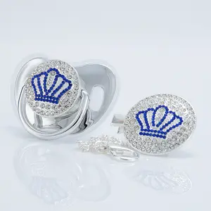 Silver Bling Baby Pacifier & Clip Set – Blue Crown Design, Crystal Rhinestones, Keepsake for Shower, Baptism, Birth