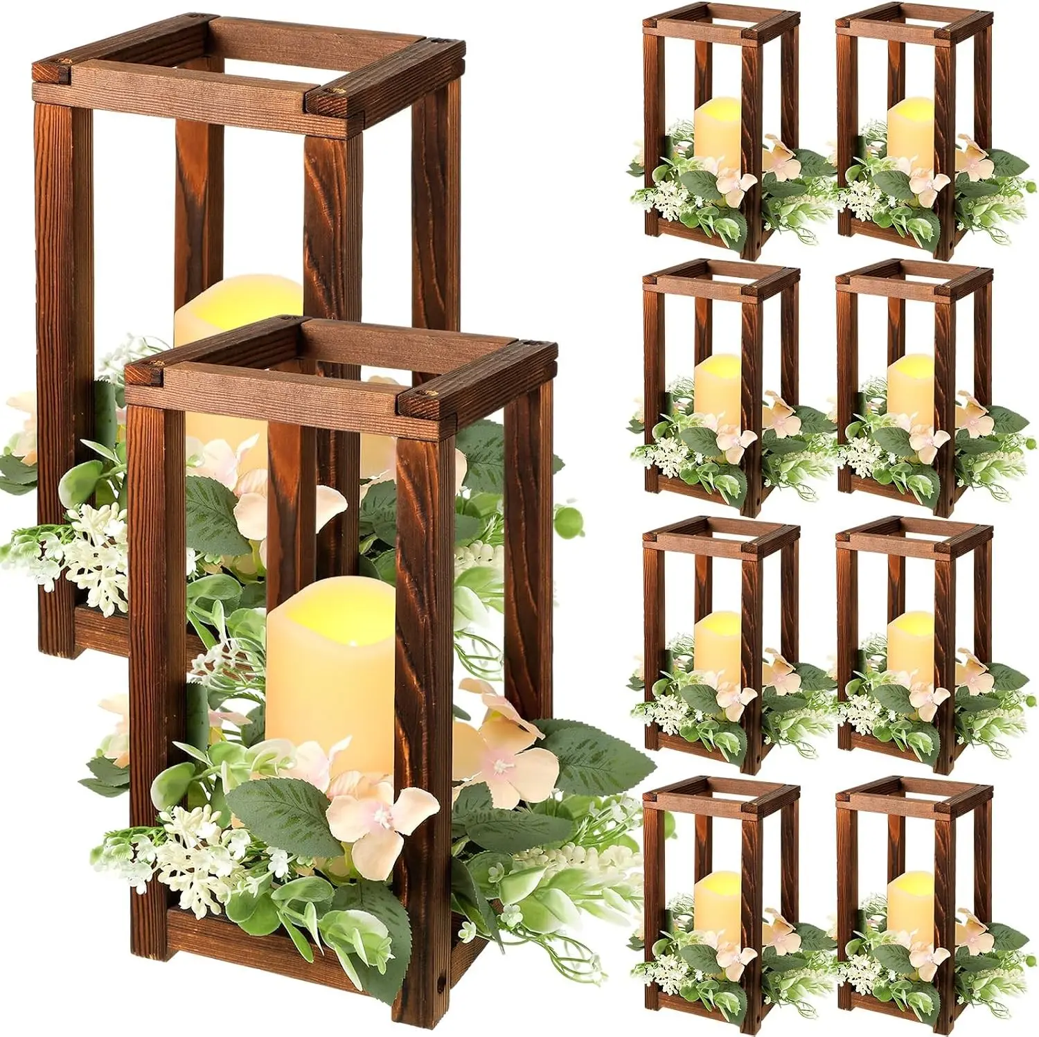 Hushee 30 Pcs Wooden Wedding Lantern Centerpiece Candles Wreaths Set,Brown | Rustic Holders for Table Christmas, LED Candles Battery Operated Included, Indoor Outdoor Decor, Bulk Party Centerpiece