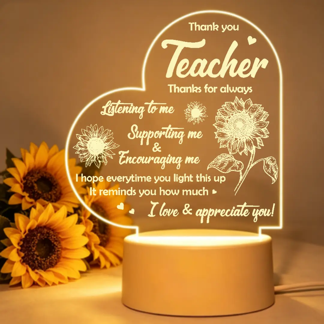 Sunflower Acrylic LED Flower Lamp - Ambient Night Light, Decorative Atmosphere Light, Heart-Shaped Teacher Appreciation Gift for Classroom Desk, Flower Design Lamp