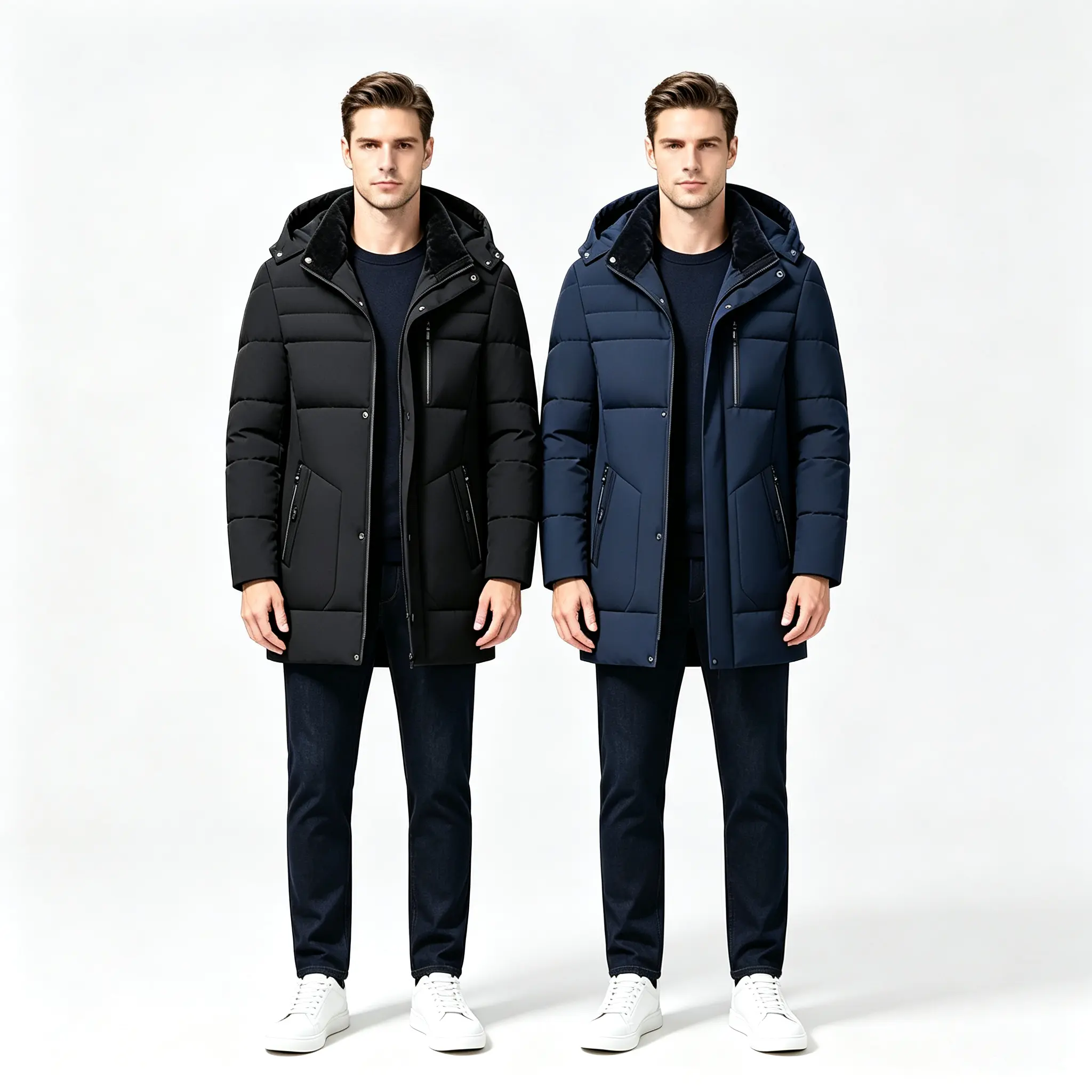 Set of 2 men’s mid-length puffer jackets with fleece lining and hood, mixed styles; warm business jackets with full zipper closure and button fastening, featuring zippered pockets, suitable for cold weather—ideal for office, travel, and everyday wear.