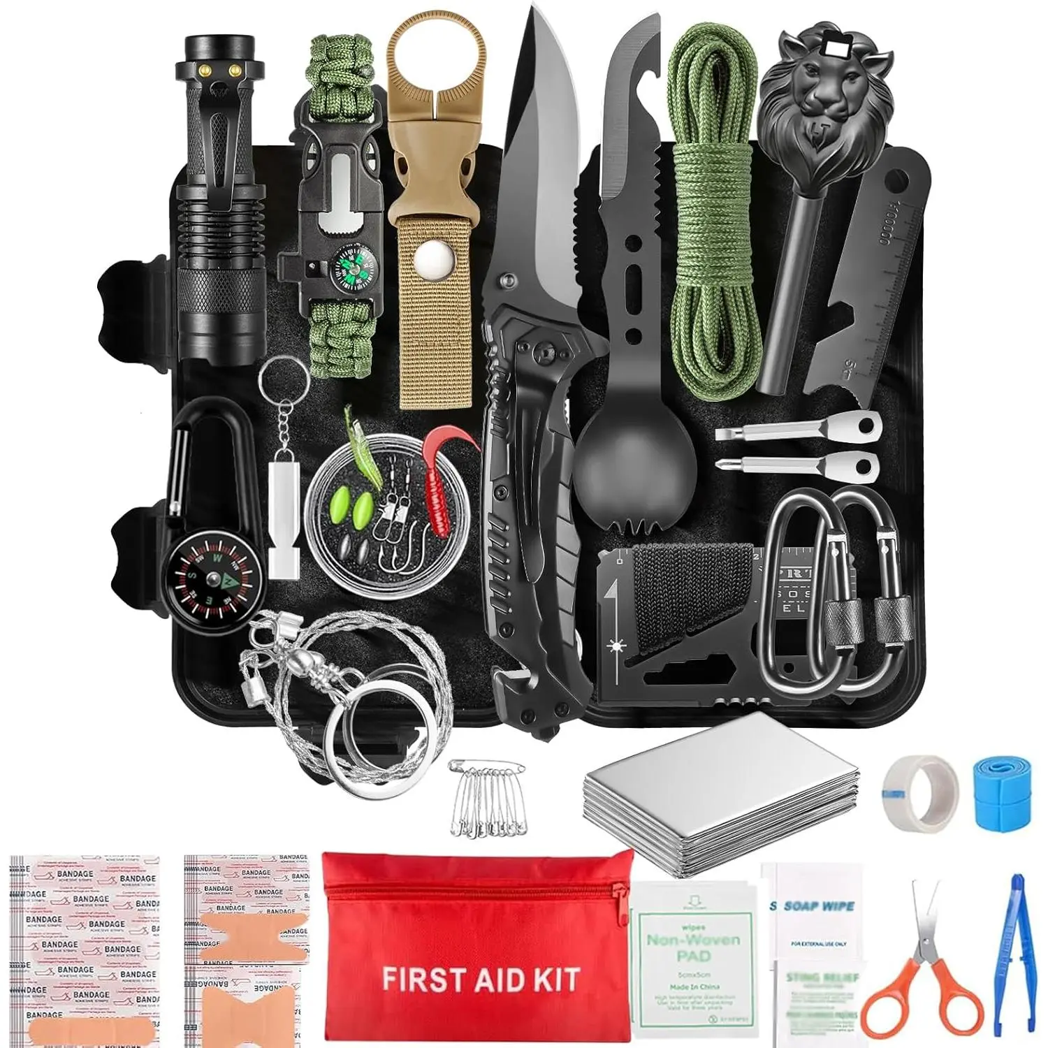 66-in-1 Survival Emergency Prep Kit with First Aid Supplies, Fire Starter, Knife, Compass - Male Gear for Camping, Hiking - Home & Party Gift for Men