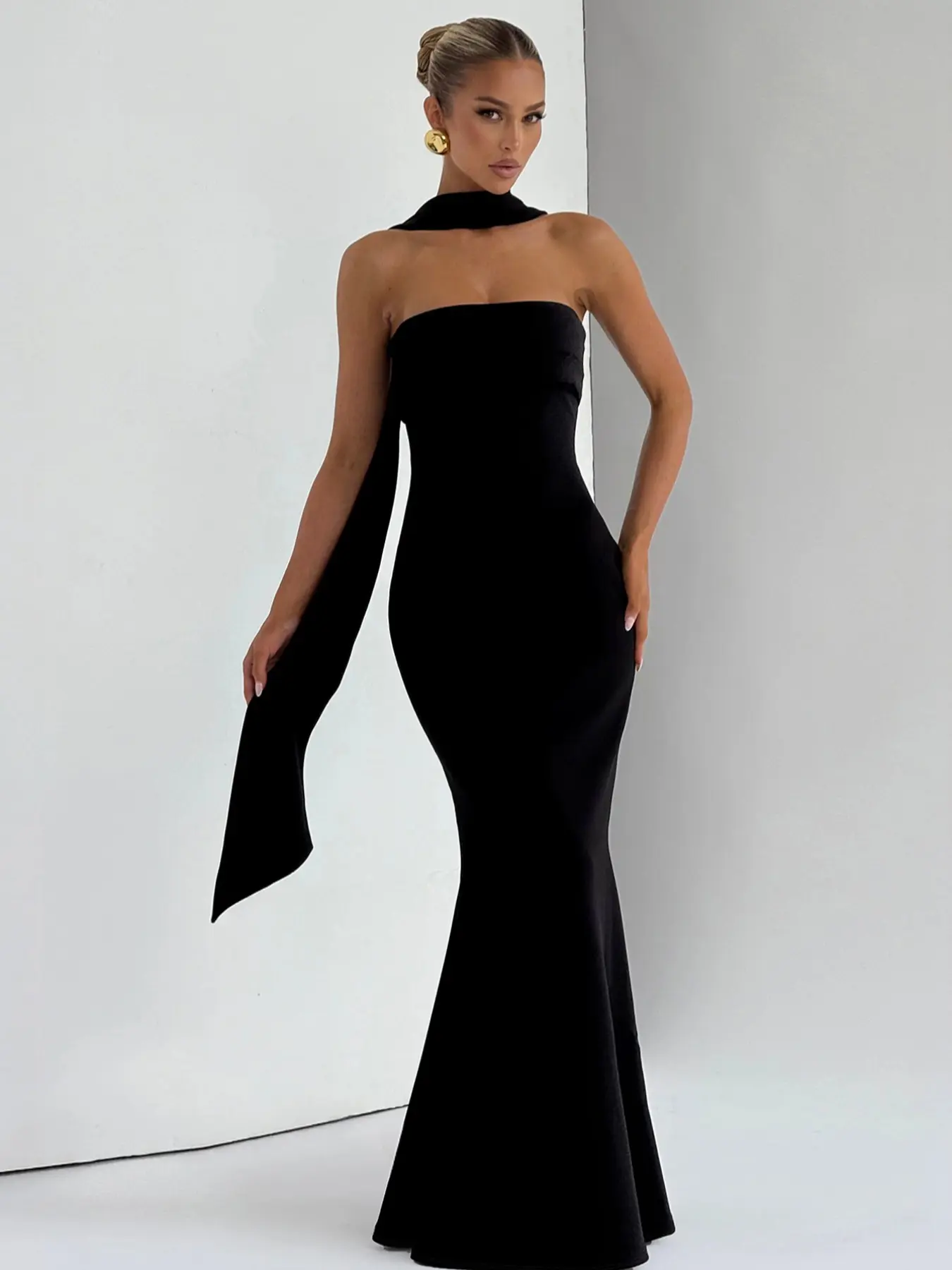 Women's Black Tie-neck Dress, Formal elegant dress, Solid Ruched Sleeveless  Strapless Backless Tube Dress &