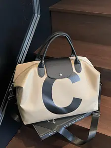 Large capacity travel tote bag, Soft commuter tote, Daily commuting bag, solid color tote bag, letter zipper, versatile, casual and simple, suitable for college students, business trips, fitness, men's and women's tote bags, Fabric tote bag