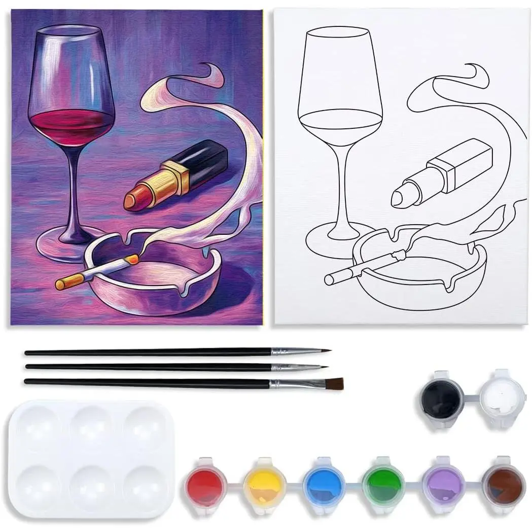Canvas Painting Kit  and Sip Kit for Adults Pre Drawn Canvas for Painting DIY  Kit for Party Favor  Glass, Lipstic Painting Artwork(8x10)
