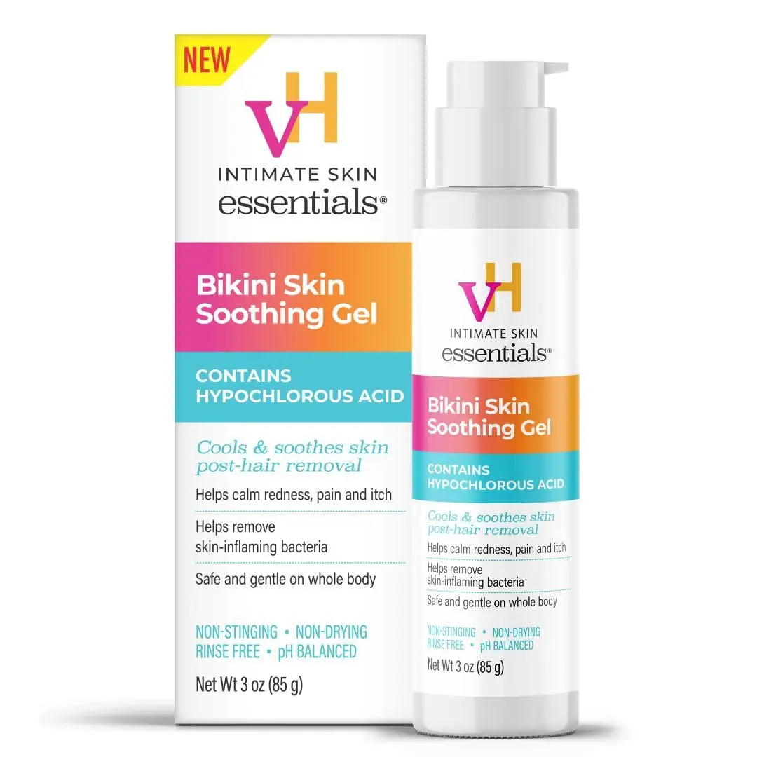 vH essentials Bikini Skin Soothing Gel with Hypochlorous Acid 3 oz. - Cools & soothes skin post-hair removal - Calms redness, pain, itch and irritation from razor bumps.