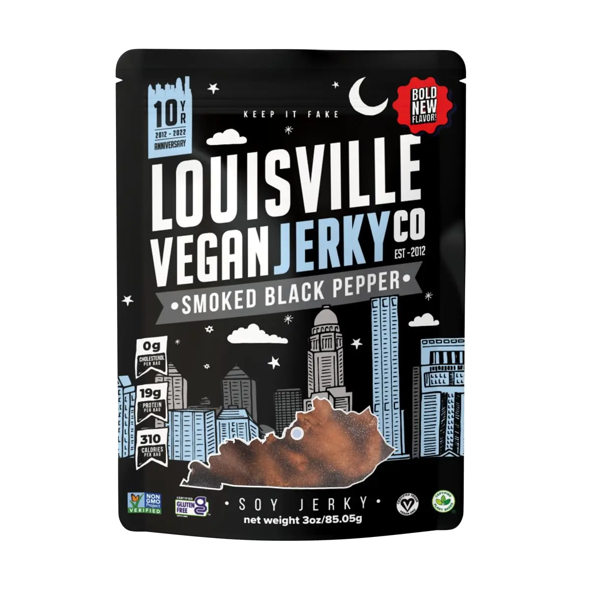 Louisville Vegan Jerky - Smoked Black Pepper Vegan and Vegetarian Meat, 19 Grams of Non-GMO Soy Protein, 310 Calories per Bag, Gluten-Free High Protein Vegan Snacks