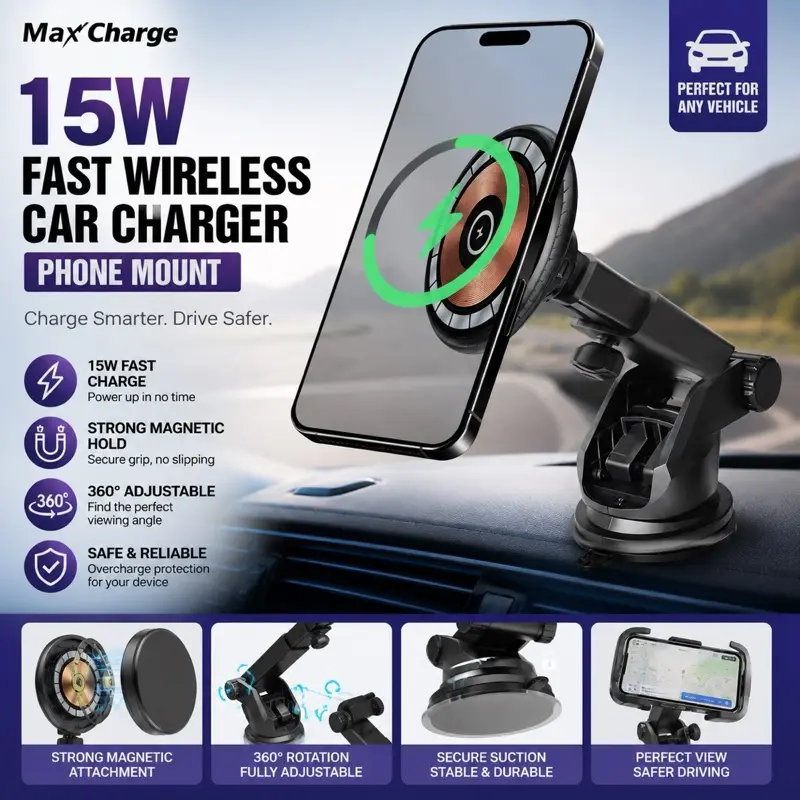 15W Output Magnetic Wireless Car Charger Phone Mount - 360° Adjustable Car Holder, Magnetic Charger Base, Universal Fit for Charging Needs