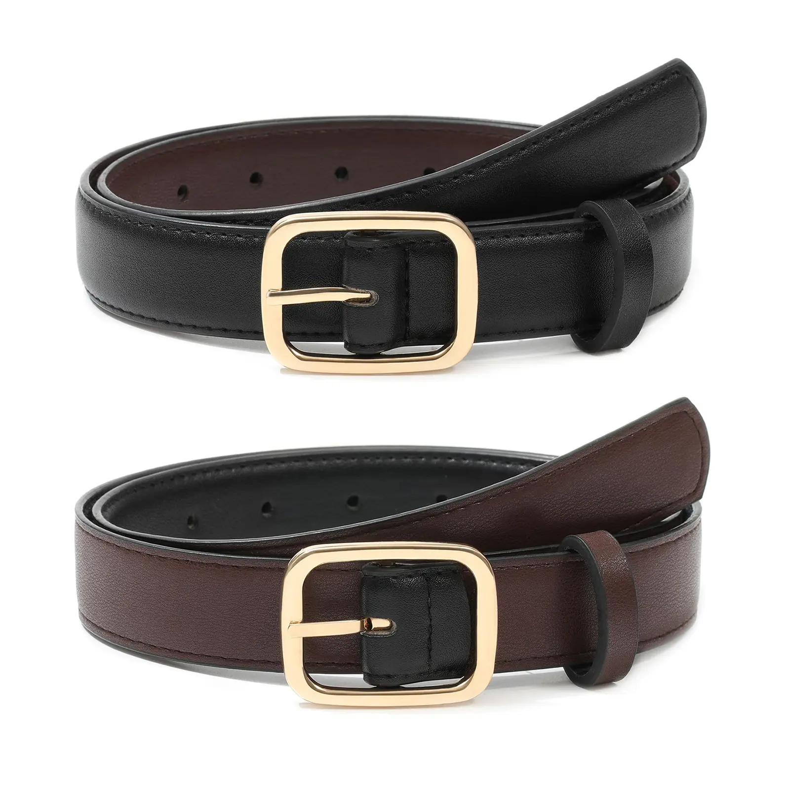 Reversible Belts for Women Two-in-One PU Leather Womens men Belt for Jeans dress with Golden Buckle( length 39/45/51in)