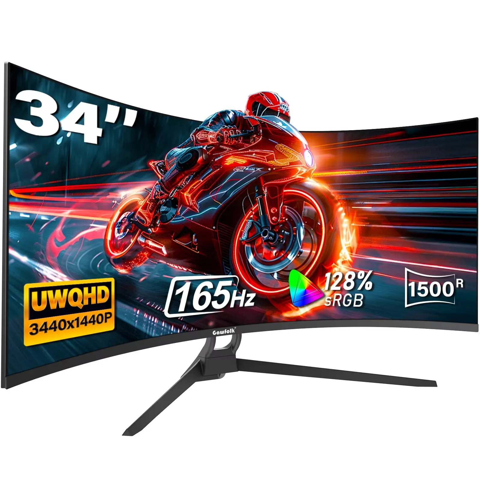 Gawfolk 34-Inch Curved Ultrawide Gaming Monitor 165Hz 1500R WQHD 3440x1440 FreeSync Adjustable Stand