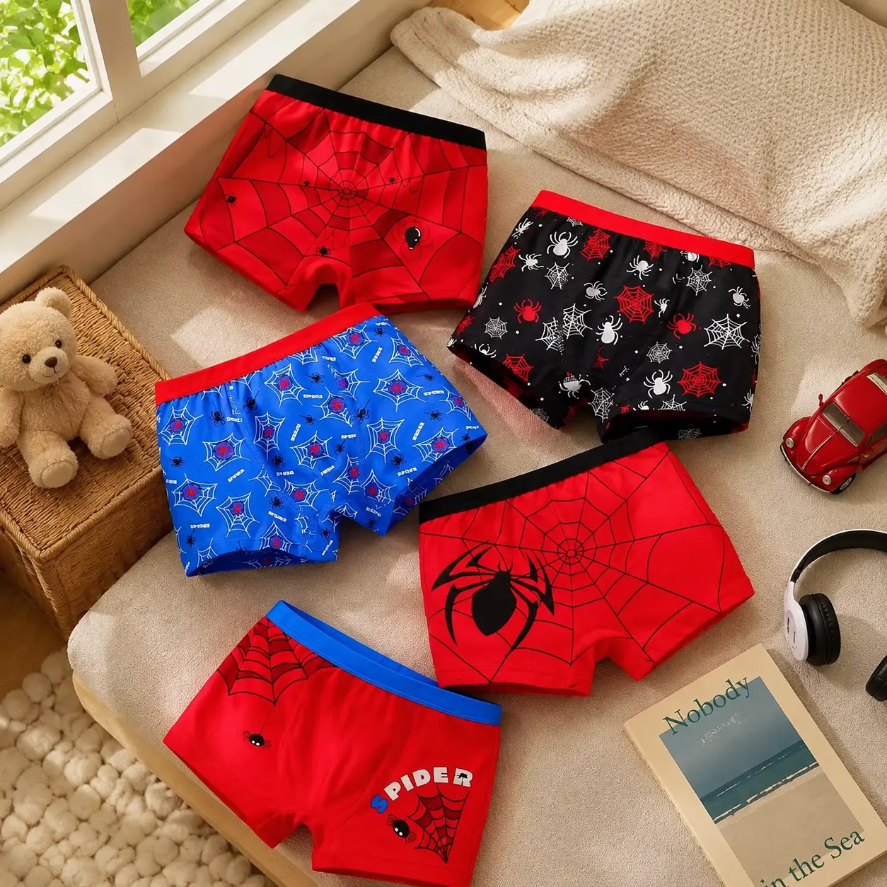 5 Pack Boys Boxer Briefs, Kids Soft Breathable Underwear for Little Boys, Cute Spider Web Printed Boys Underpants, Comfort Stretch Toddler Boys Underwear for Daily Wear